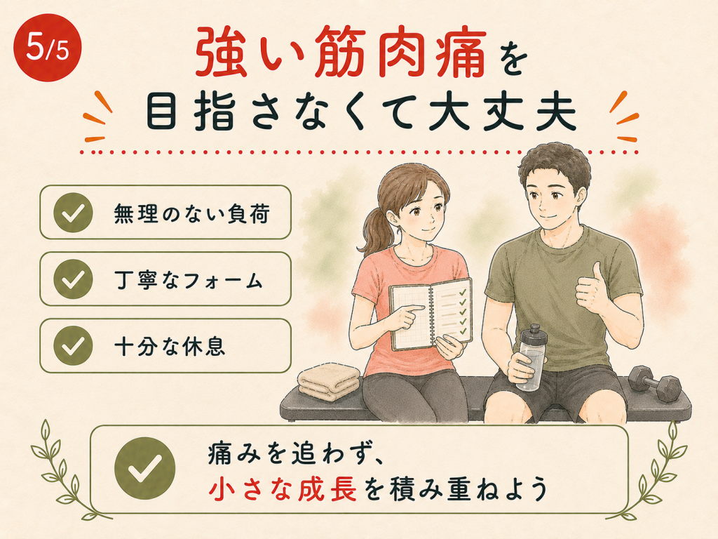 強い筋肉痛を目指さず無理のない負荷と丁寧なフォームと休息を大切にするイラスト