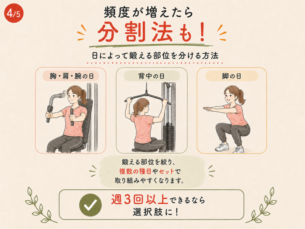 胸・肩・腕、背中、脚に分けて鍛える分割法の例