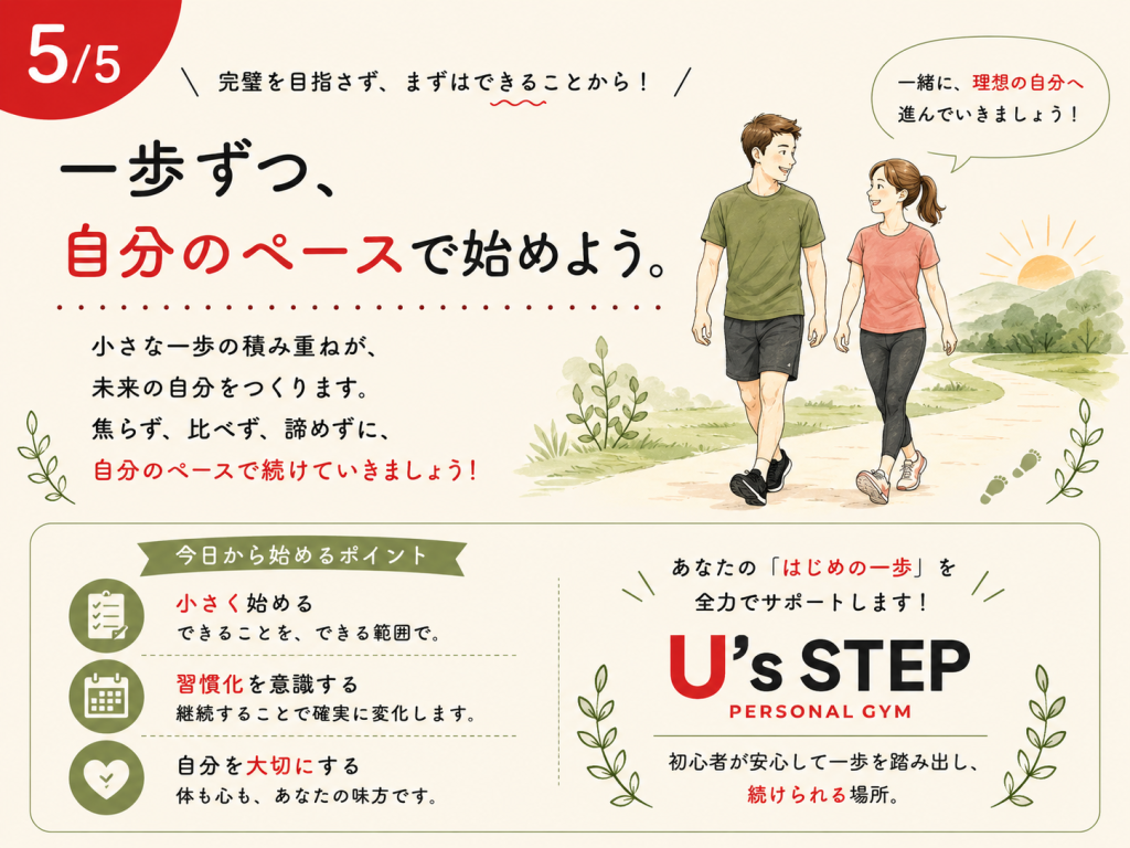 筋トレ初心者が小さな一歩から自分のペースで運動を始めることを伝えるイラスト