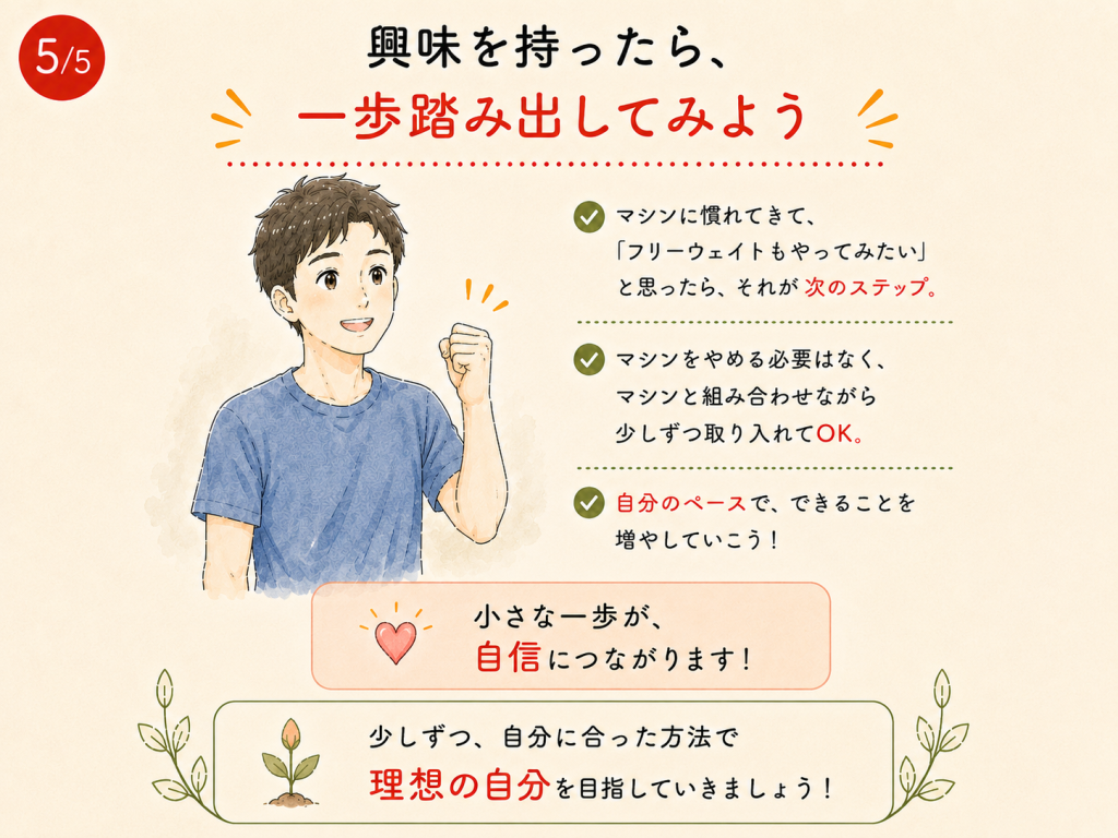 マシンに慣れてきたら、フリーウェイトも少しずつ取り入れながら自分に合った方法を見つけていきましょう。