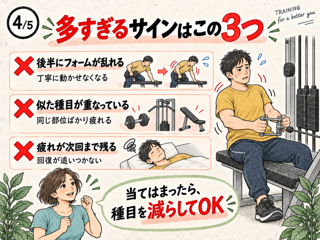 フォームの乱れや疲労など筋トレの種目数が多すぎるサイン