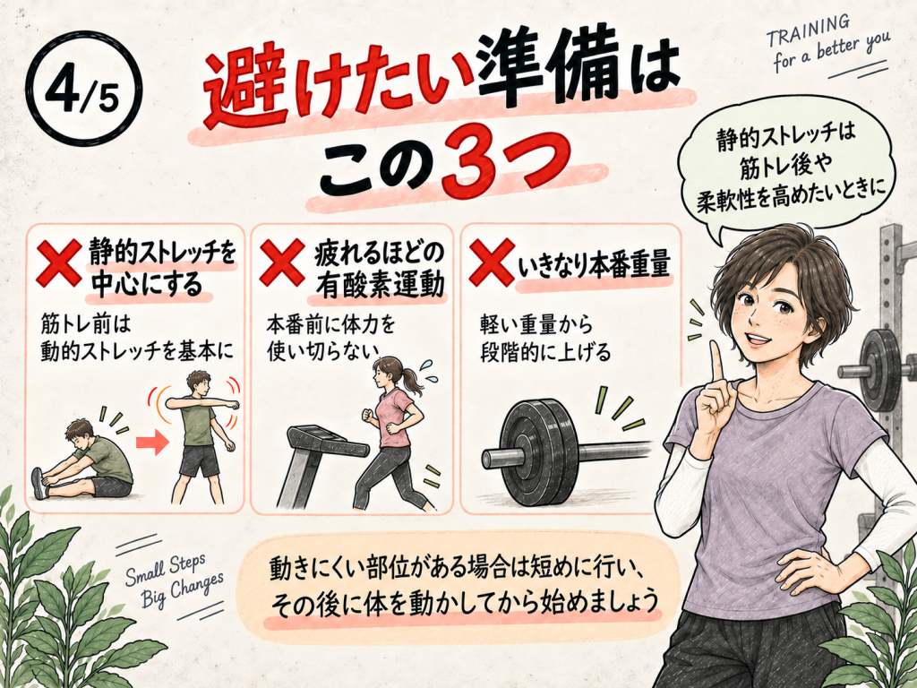 筋トレ前に避けたい静的ストレッチ中心の準備と疲れる有酸素運動、いきなりの本番重量