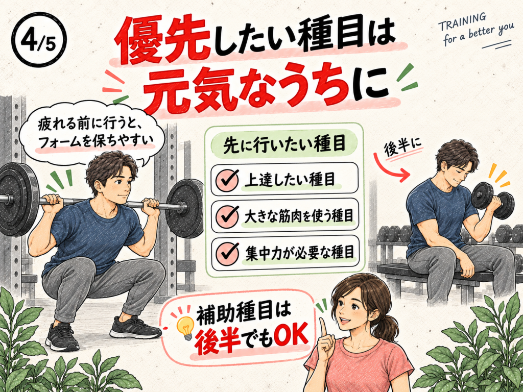 上達したい種目や集中力が必要な種目をトレーニング前半に行う考え方