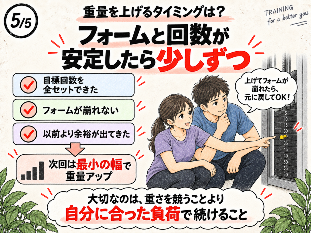 フォームと回数が安定したら、最小の幅で少しずつ重量を上げる方法を説明した画像