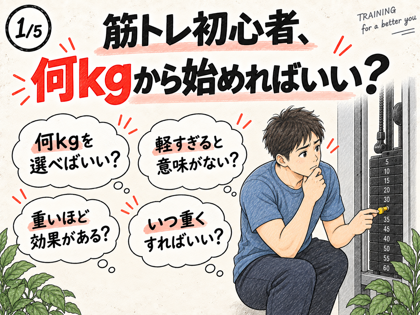 筋トレ初心者が何kgから始めればよいか悩み、マシンの重量を選んでいるイラスト