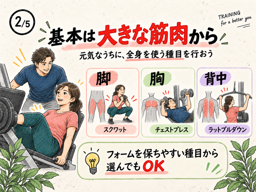 脚・胸・背中など大きな筋肉を使う種目から始める基本を解説した画像