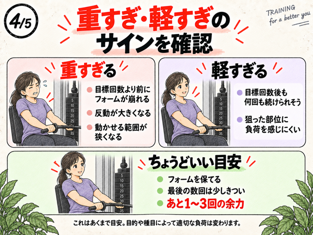 筋トレで重量が重すぎる場合と軽すぎる場合のサイン、適切な負荷の目安を比較した画像