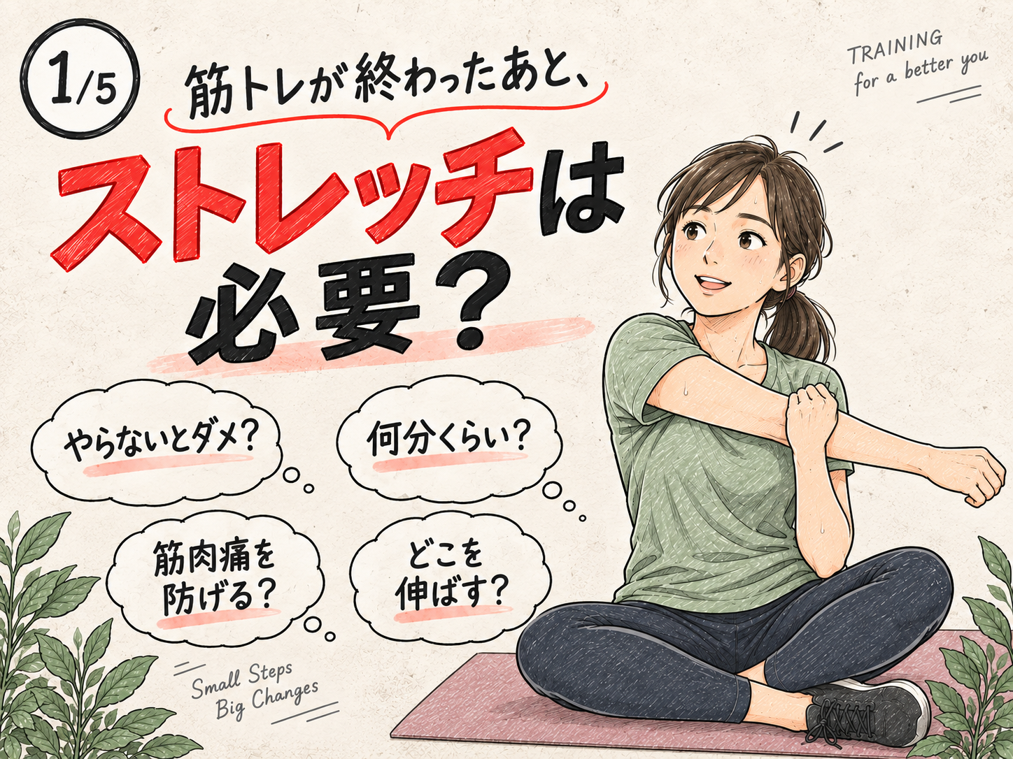 筋トレ後のストレッチは必要か、時間や筋肉痛への疑問を紹介するイラスト