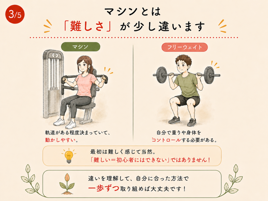 マシンは軌道が決まっている一方、フリーウェイトは自分で重りや身体をコントロールする必要があります。