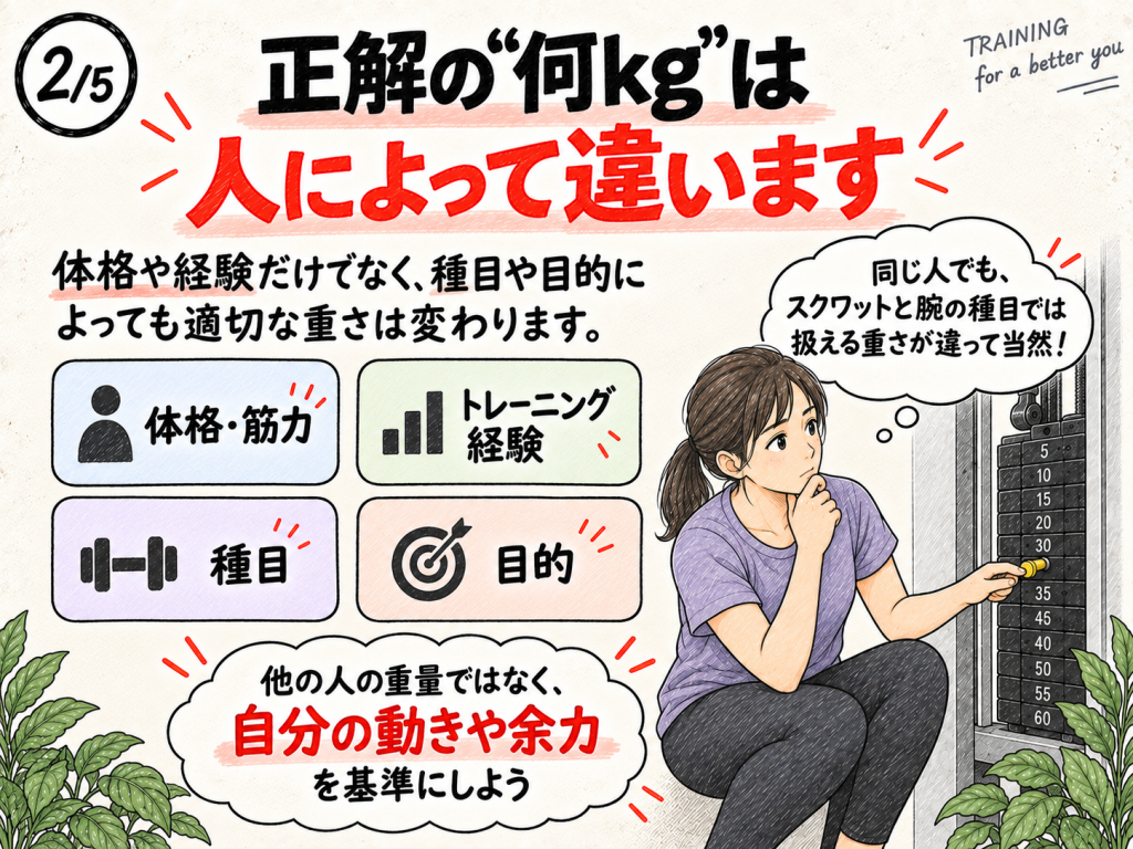 筋トレの適切な重量は、体格や経験、種目、目的によって異なることを説明した画像