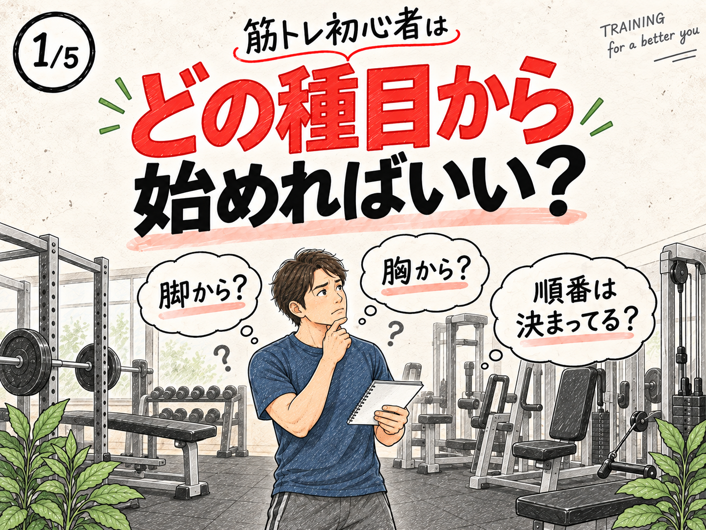 筋トレ初心者がどの種目から始めればよいか考えているイラスト