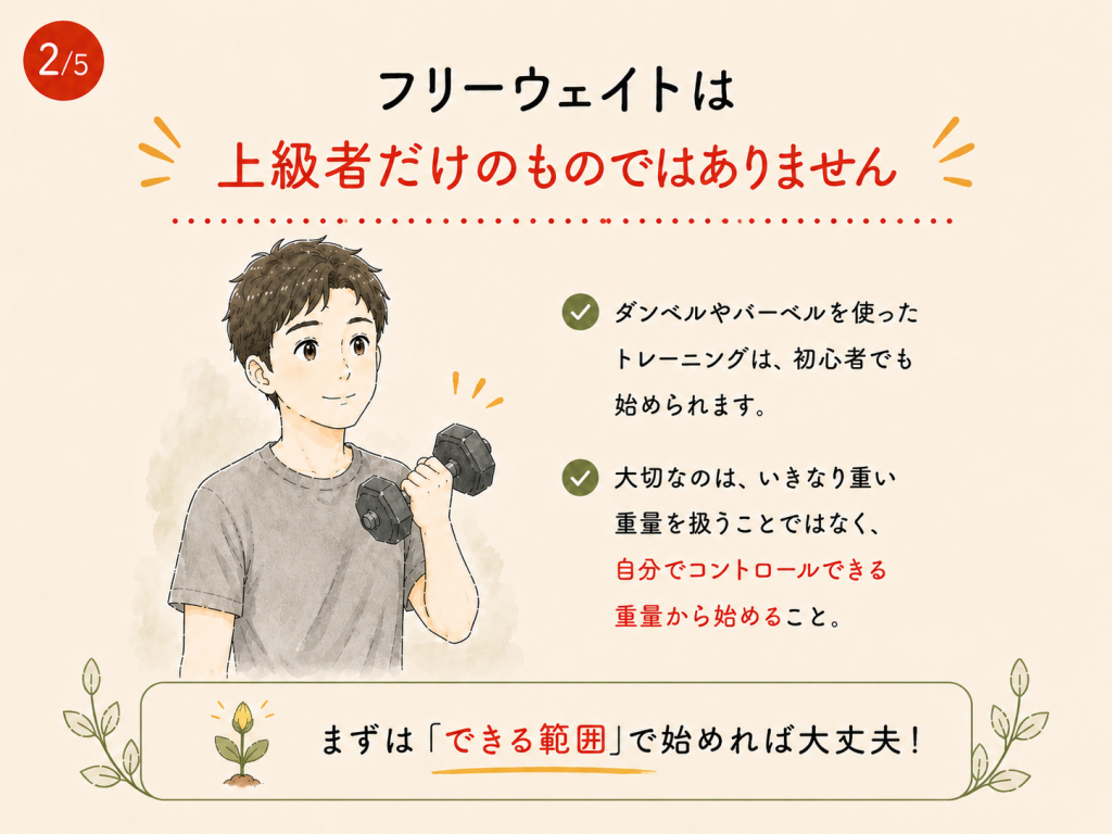 ダンベルやバーベルを使ったフリーウェイトは、初心者でも自分でコントロールできる重量から始められます。