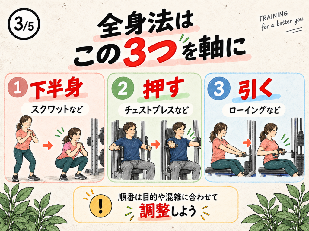 全身法を下半身・押す・引くの3つの動きで組み立てる方法を解説した画像