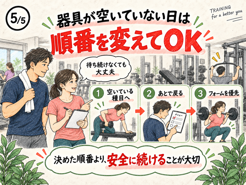 ジムの器具が空いていないときに筋トレの順番を変更する方法を解説した画像