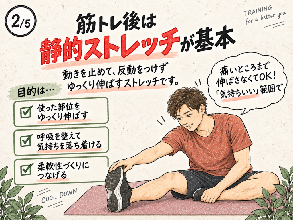 筋トレ後に行う静的ストレッチの基本と、痛くない範囲で伸ばすポイント