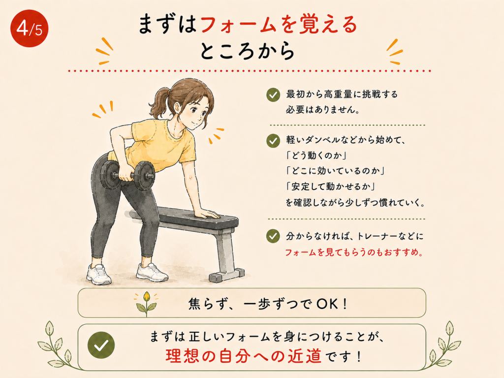 最初から重い重量に挑戦せず、コントロールできる重量で正しいフォームを身につけることが大切です。
