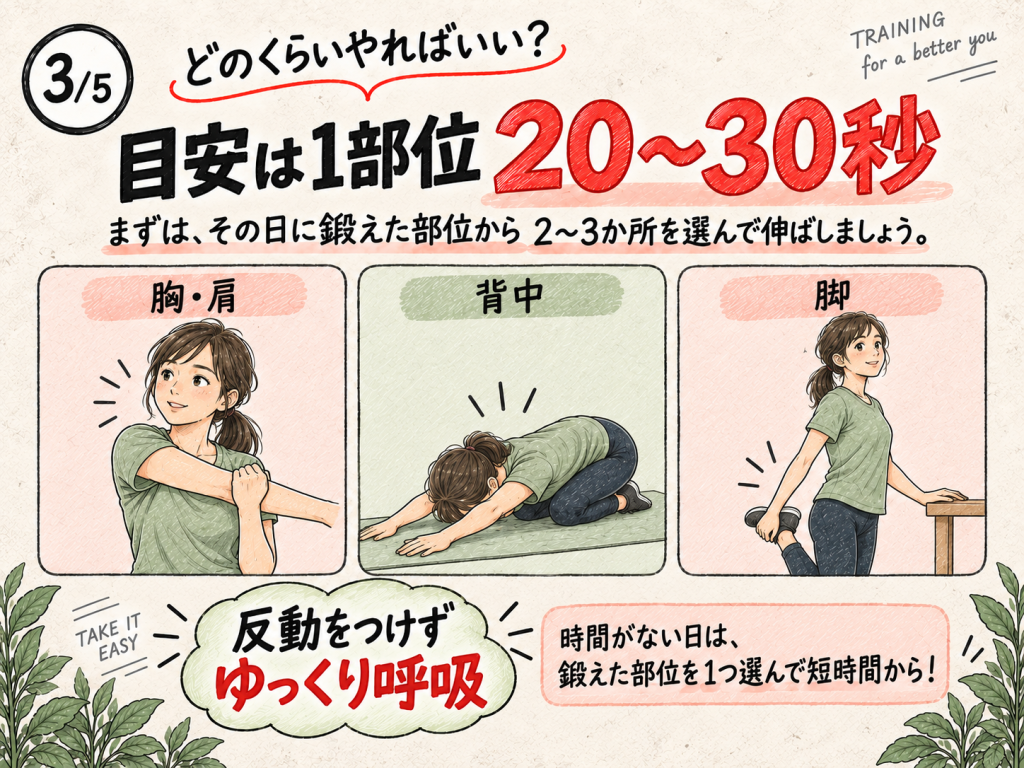 筋トレ後のストレッチは1部位20〜30秒を目安に行うことを説明した画像