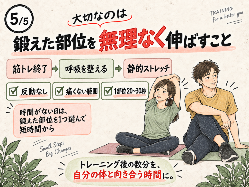 鍛えた部位を痛くない範囲で無理なく伸ばす、筋トレ後の流れをまとめた画像