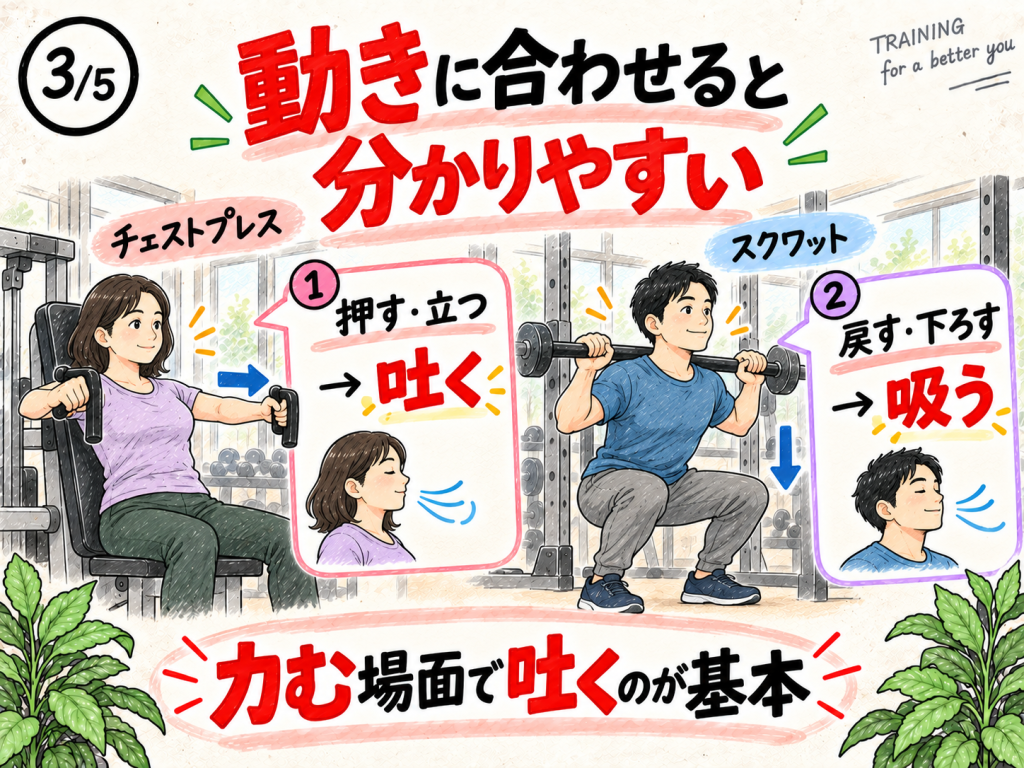 チェストプレスやスクワットの動きに合わせて息を吐く場面と吸う場面を確認する男女