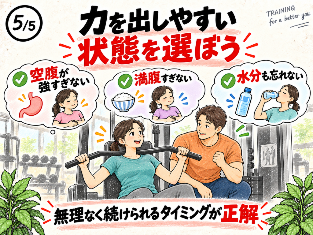 空腹や満腹、水分不足を避けて筋トレで力を出しやすい状態を確認する男女
