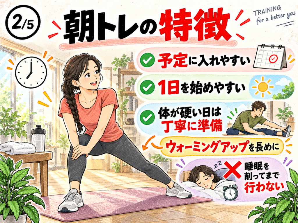 朝の筋トレ前に予定や体調を確認し、ウォーミングアップで身体を整える女性