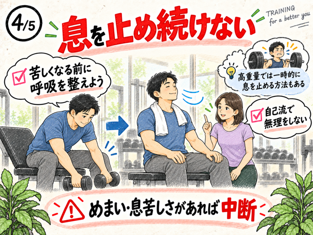 筋トレ前に呼吸を整え、動作中に息を止め続けないよう確認する男女