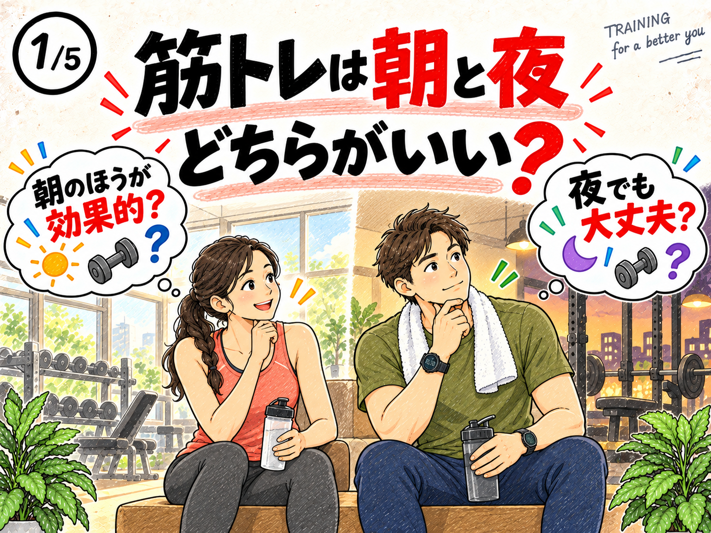 筋トレを朝と夜のどちらに行うか考える男女