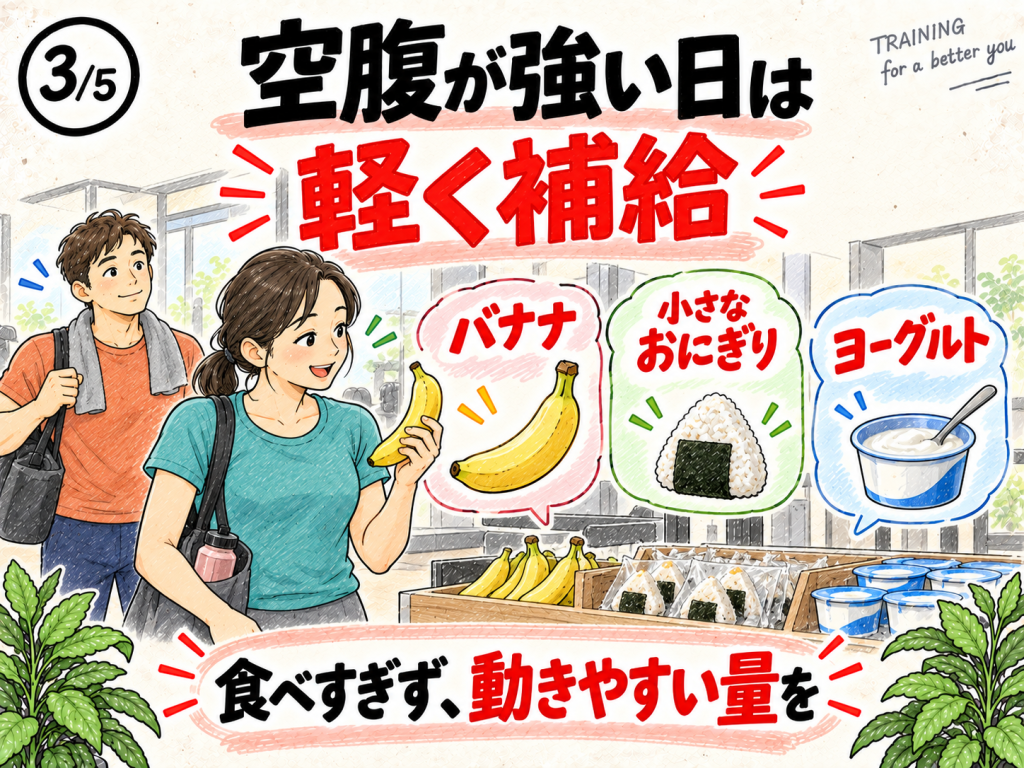 筋トレ前の空腹が強い日にバナナやおにぎり、ヨーグルトを軽く補給する男女