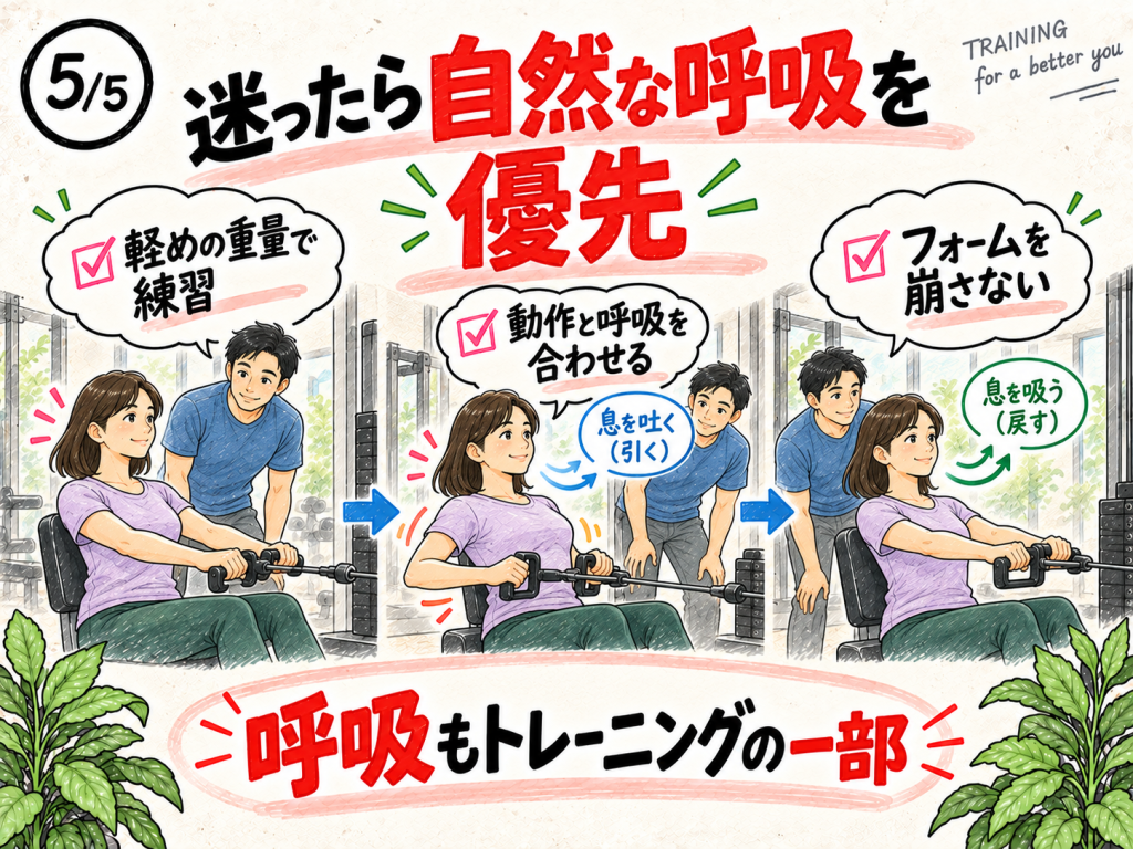 軽い重量で呼吸と動きを合わせながら安全に筋トレを続ける男女