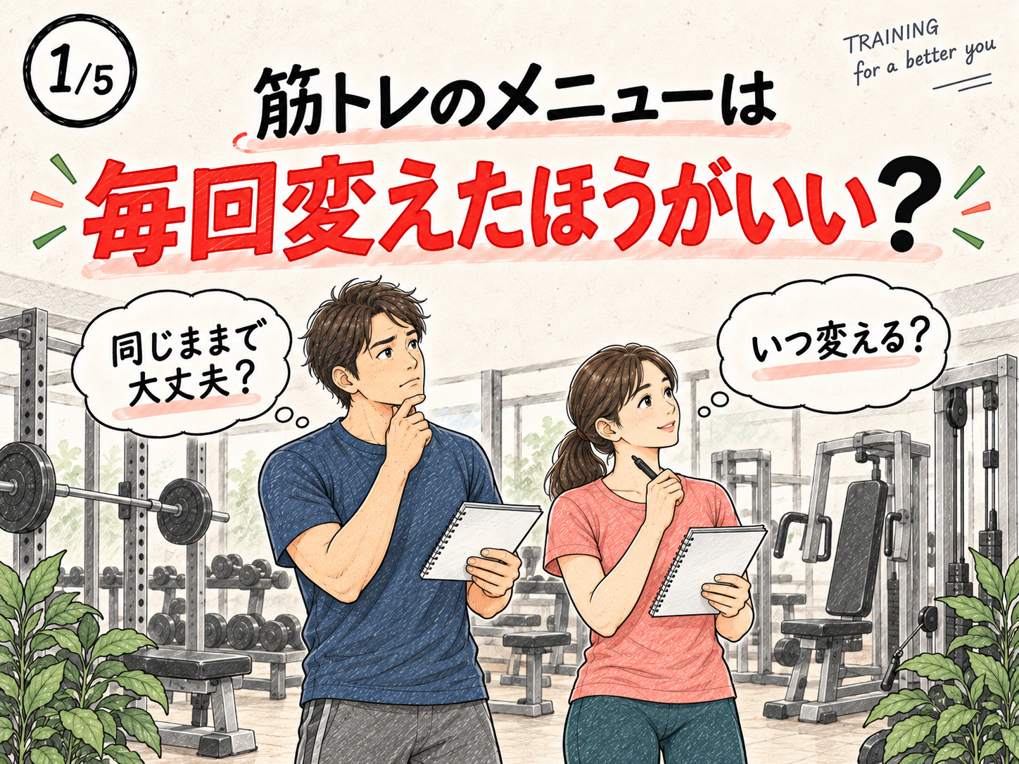 筋トレメニューを毎回変えるべきかノートを見ながら考える男女