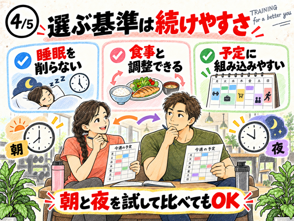 朝と夜のどちらでも予定や体調に合わせて筋トレを続ける男女