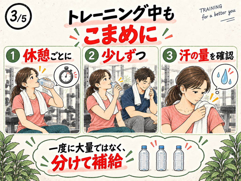 筋トレのセット間に少量ずつ水を飲み、汗の量を確認する男女