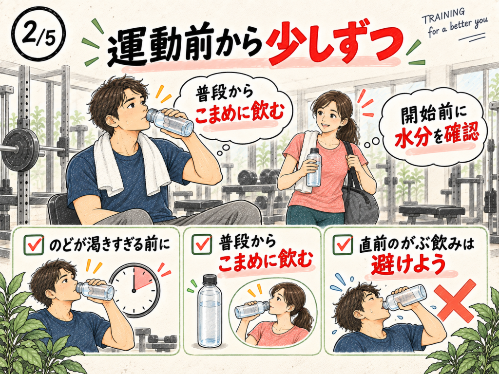 筋トレ前に普段からこまめに水を飲み、開始前の水分状態を確認する男女