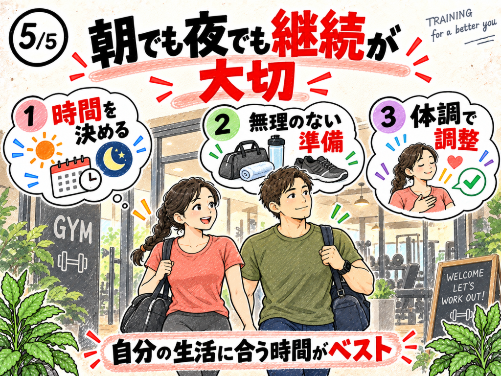 朝と夜のどちらでも予定や体調に合わせて筋トレを続ける男女