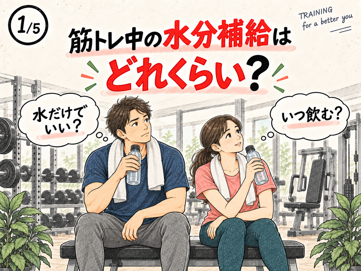 筋トレ中にいつ、どのくらい水分をとればよいか考える男女