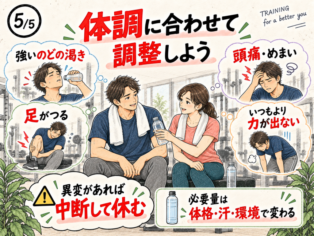 強いのどの渇きや足のつり、頭痛、力が出ない状態を確認して運動を休む男女